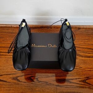 Massimo Dutti Black Leather Lace-Up Ballet Flats w/Gathering US size 10 / EUR 41